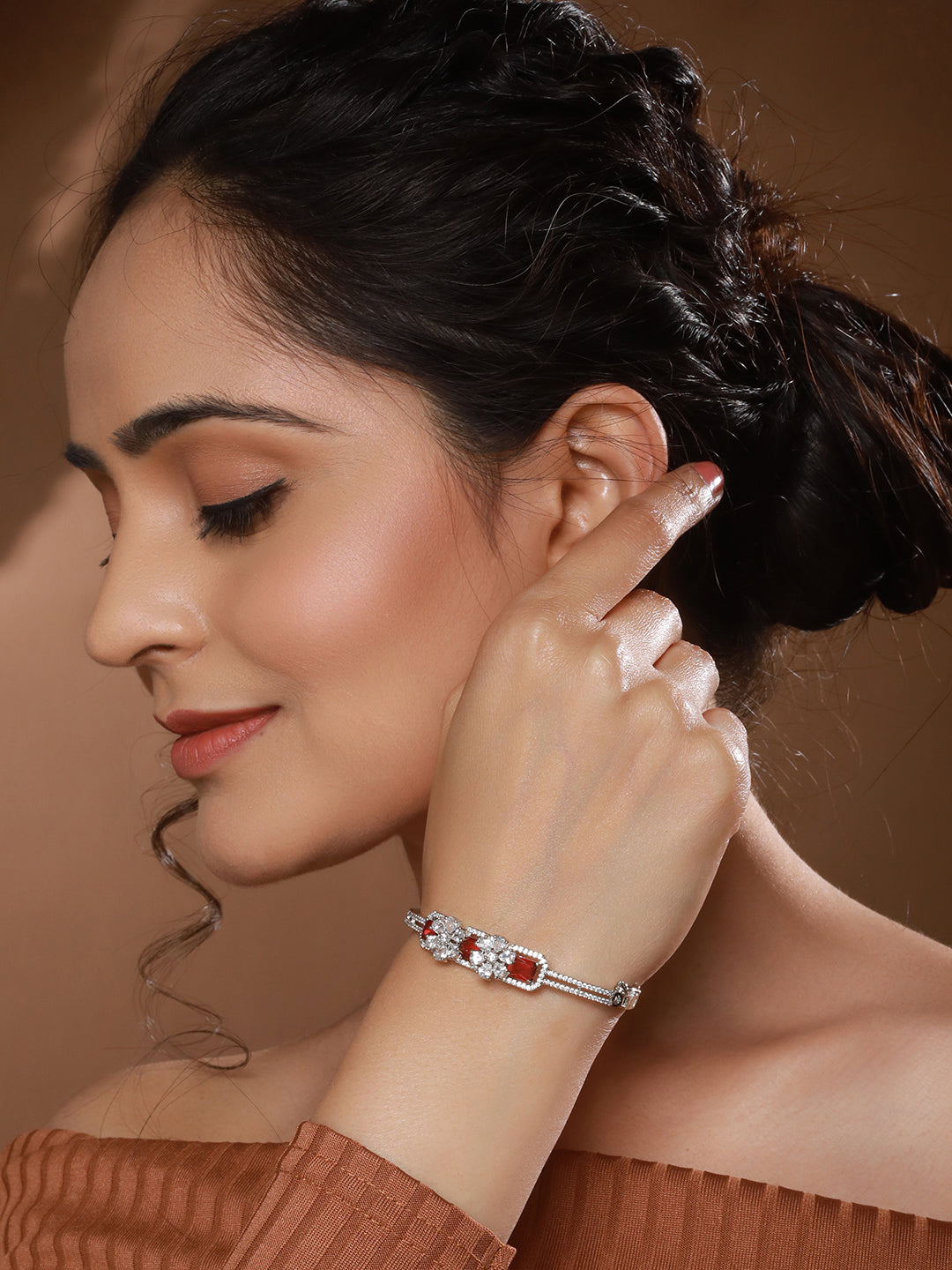 Silver Plated Ruby Red Delicate Luxe Floral Cuff Bangle Bracelet